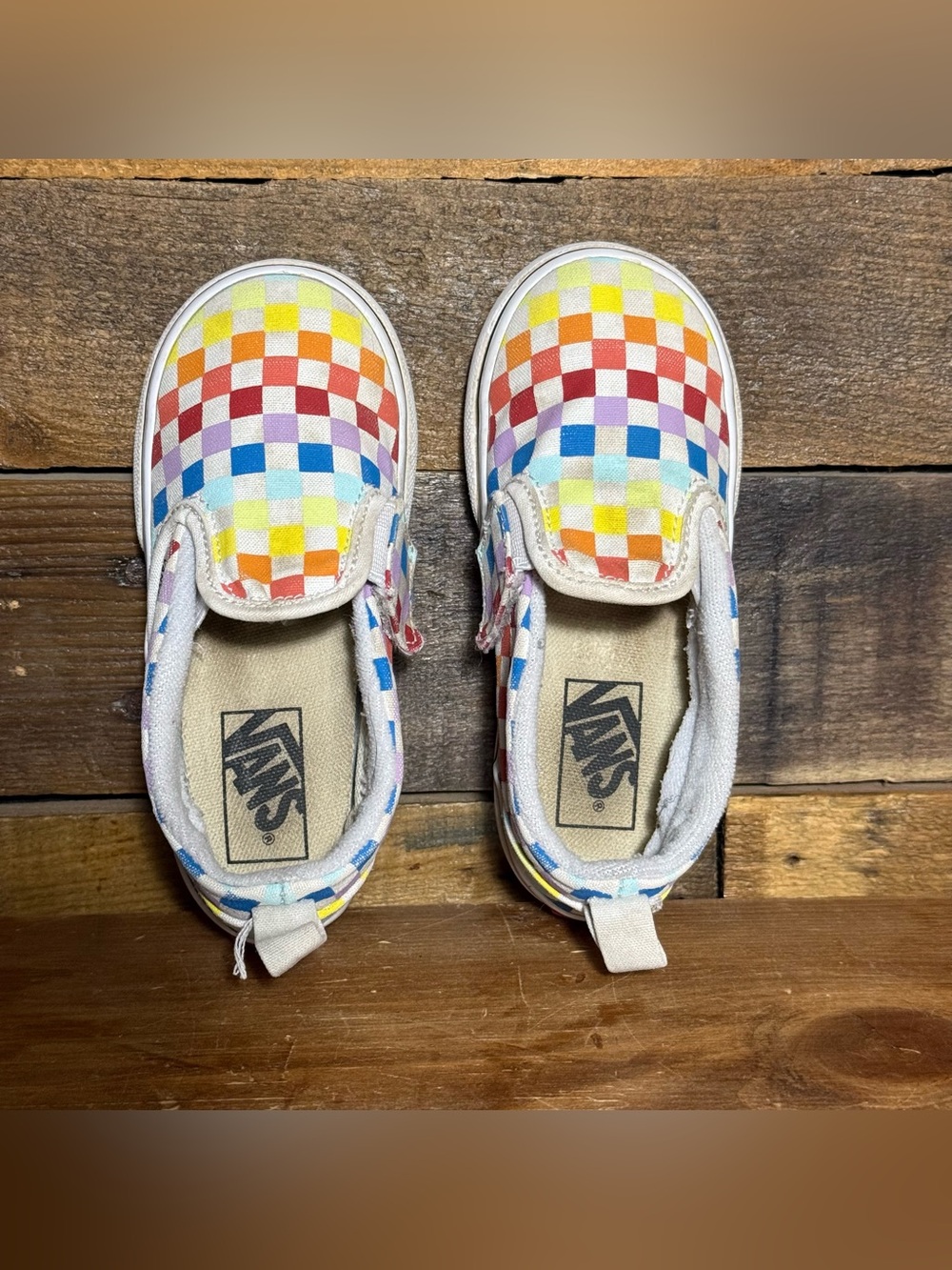Vans Slip On Velcro Toddler Rainbow Checker & Rainbow Glitter Shoes Size 8.5 - Picture 14 of 15